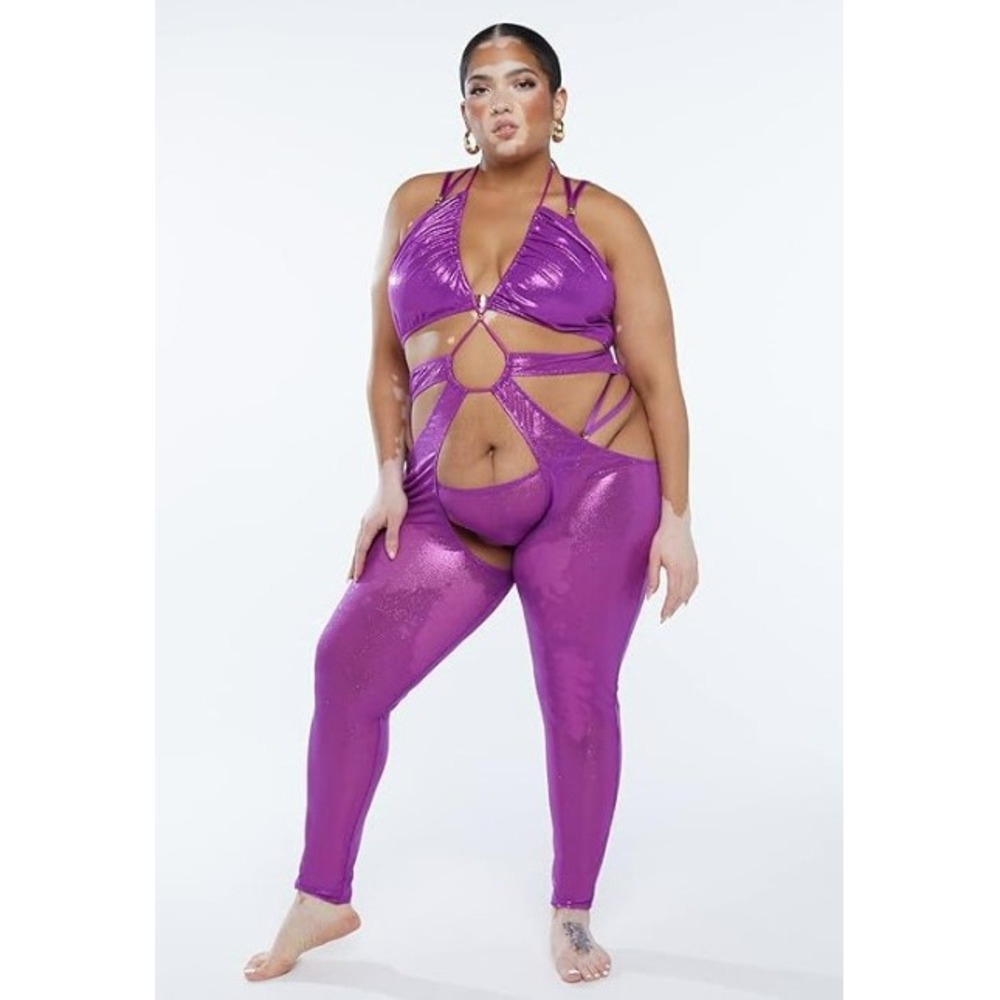 Savage X Fenty Womens 2X Purple Gathered Mesh Crotchless Catsuit Bodysuit